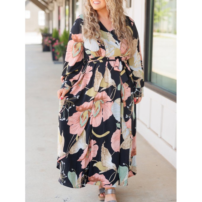 Large floral pattern printed loose fitting dress