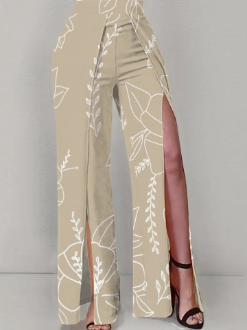 Leaf print high-waisted split trousers and dress pants