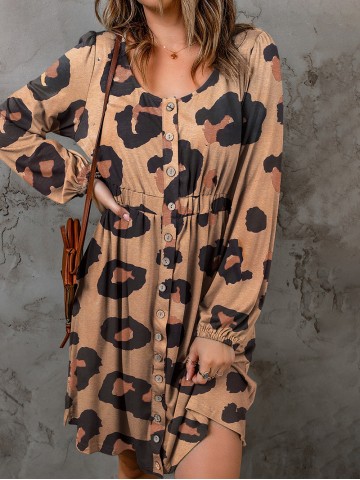 Leopard Print Button Front Bubble Sleeve Loose Knit Dress