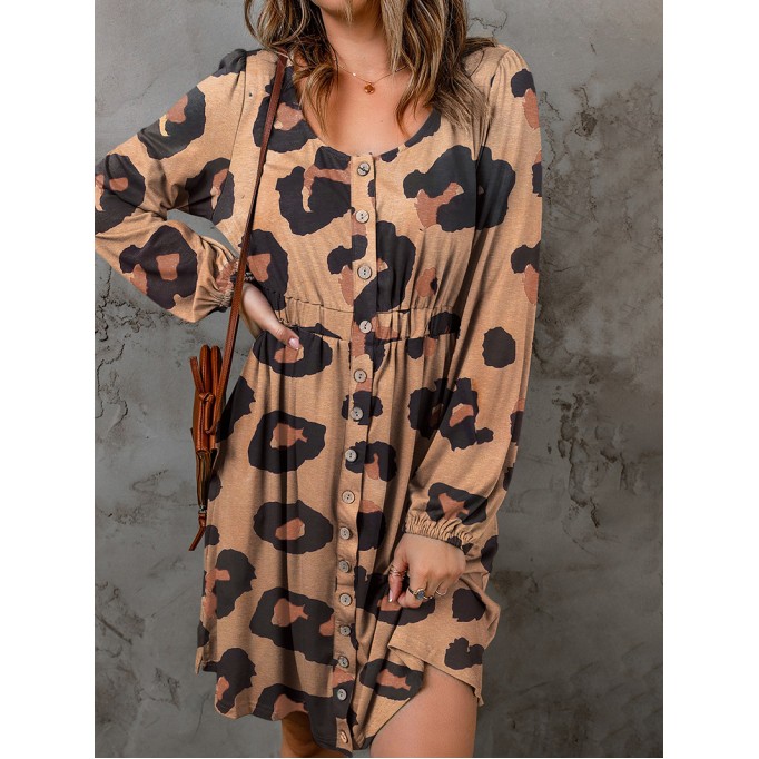 Leopard Print Button Front Bubble Sleeve Loose Knit Dress