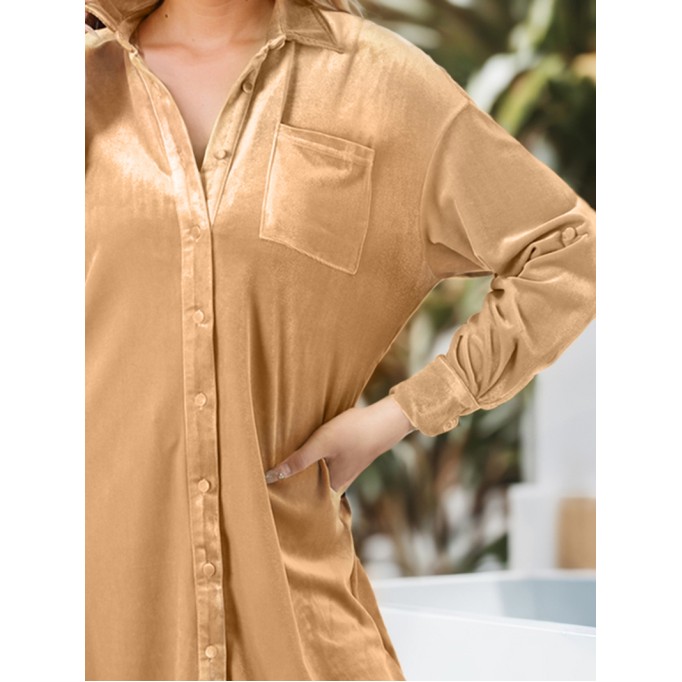 Light French Beige Velvet Button Front Shirt Mini Dress