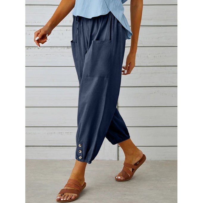 Loose-fitting high-waisted buttoned cotton and linen cropped pants