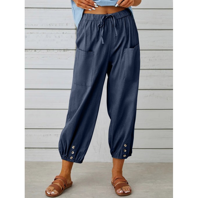 Loose-fitting high-waisted buttoned cotton and linen cropped pants