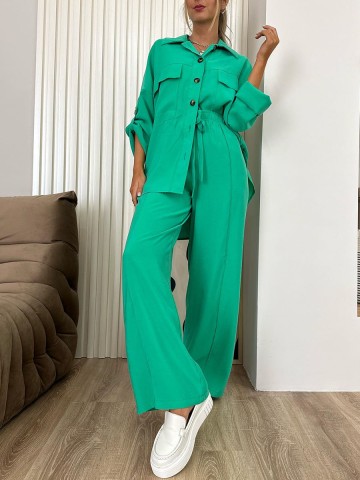 Loose fitting shirt jacket high waisted wide leg pants set