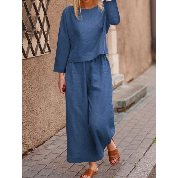 Loose solid color shirt and pants two-piece set