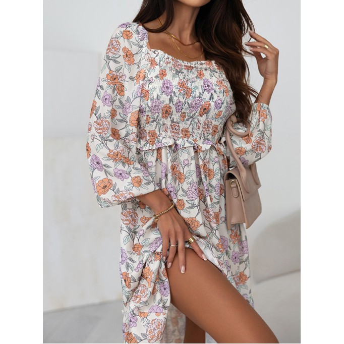 Multicolor Floral Smocked Long Sleeve Pocketed Dress