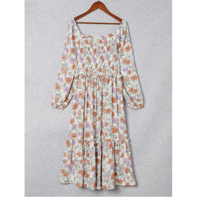 Multicolor Floral Smocked Long Sleeve Pocketed Dress