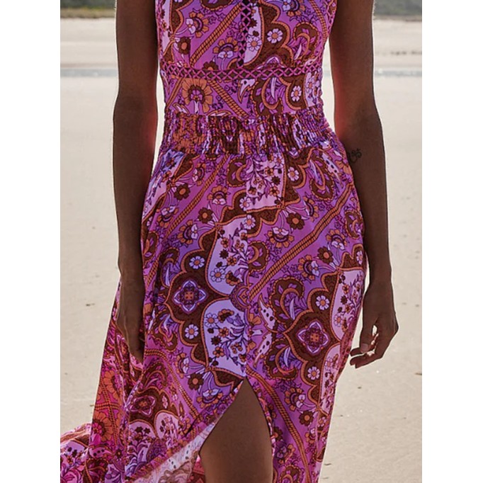 Neckline geometric print split dress