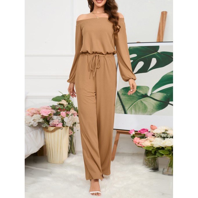 Off Shoulder Long Sleeve Lace up Wide Leg Pants Jumpsuit