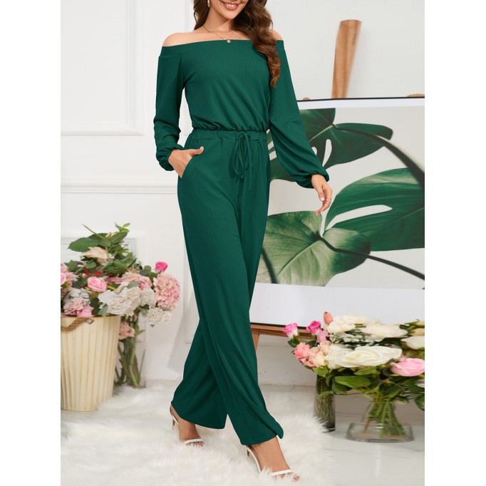 Off Shoulder Long Sleeve Lace up Wide Leg Pants Jumpsuit