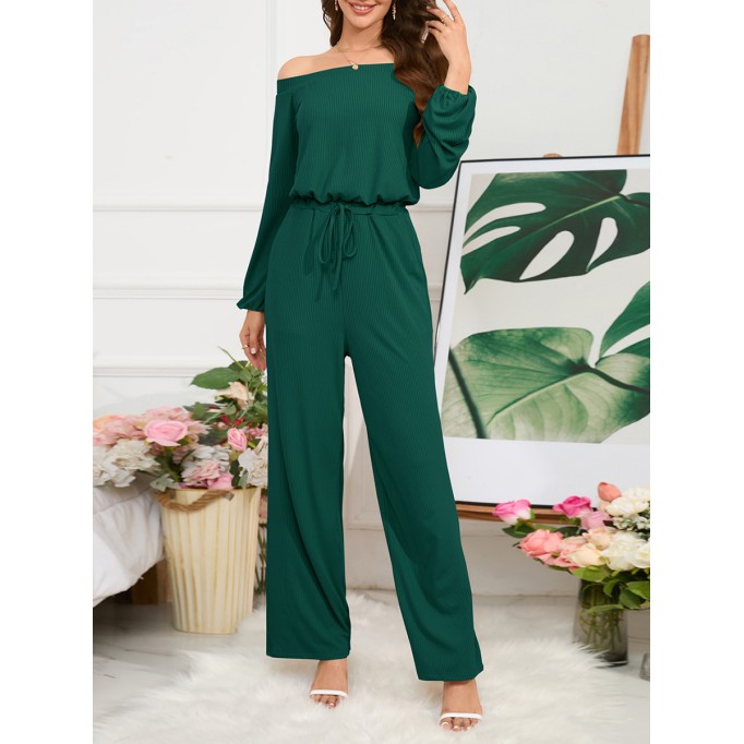 Off Shoulder Long Sleeve Lace up Wide Leg Pants Jumpsuit