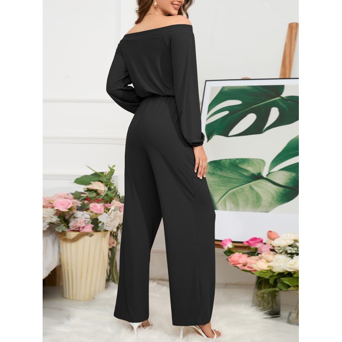 Off Shoulder Long Sleeve Lace up Wide Leg Pants Jumpsuit