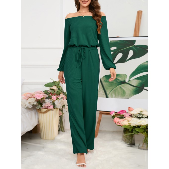 Off Shoulder Long Sleeve Lace up Wide Leg Pants Jumpsuit