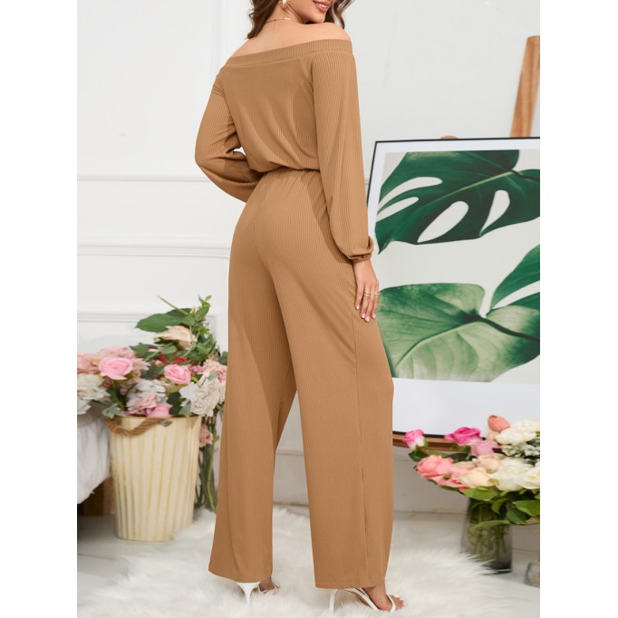 Off Shoulder Long Sleeve Lace up Wide Leg Pants Jumpsuit