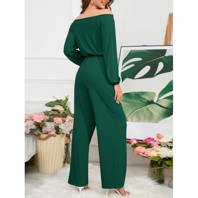 Off Shoulder Long Sleeve Lace up Wide Leg Pants Jumpsuit