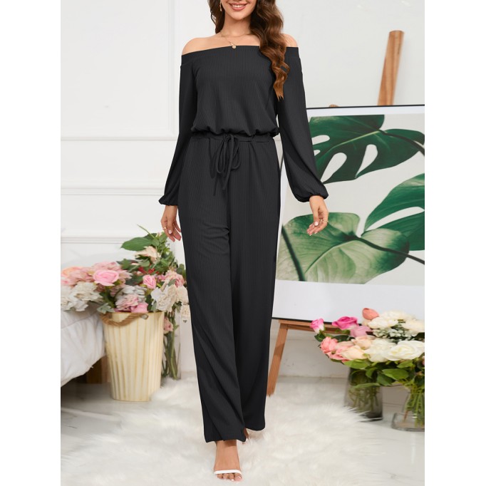 Off Shoulder Long Sleeve Lace up Wide Leg Pants Jumpsuit