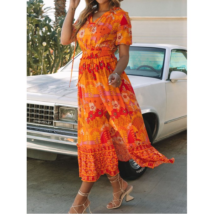 Orange Boho Floral Smocked Waist Maxi Dress with Slit