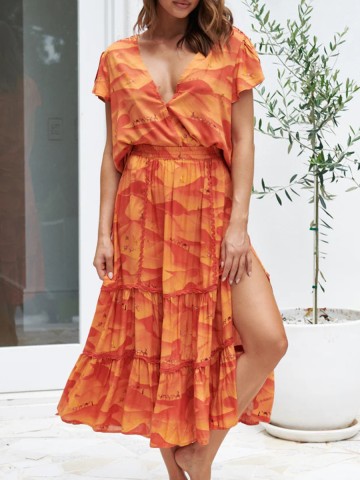 Orange V-neck cross neckline print waist dress