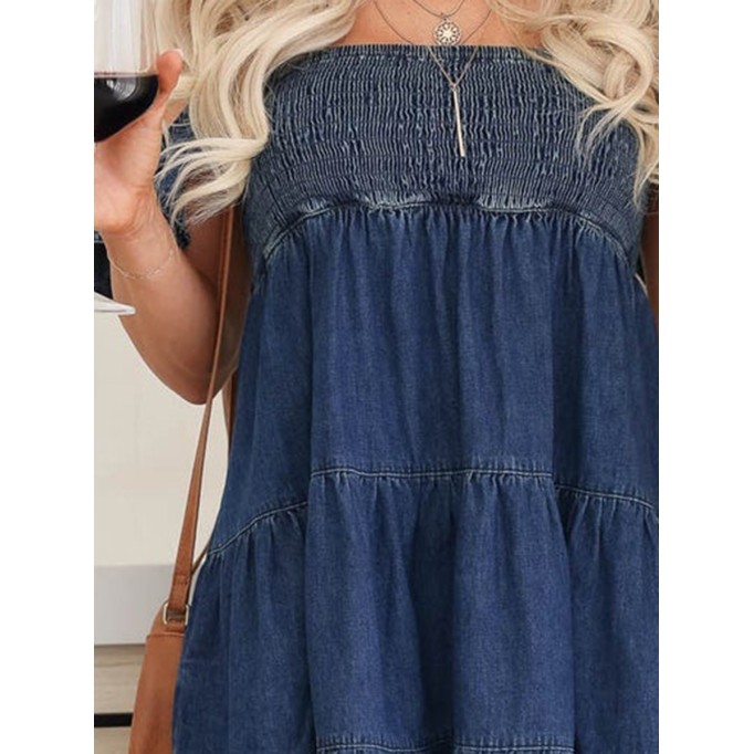 Pleated Flowing Sleeves Denim Dress