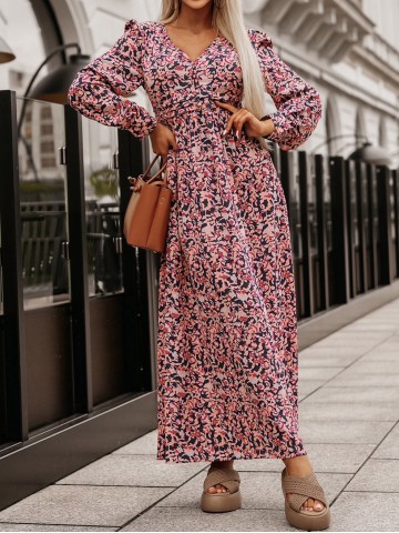 Printed V-Neck Long Sleeve Maxi Dress