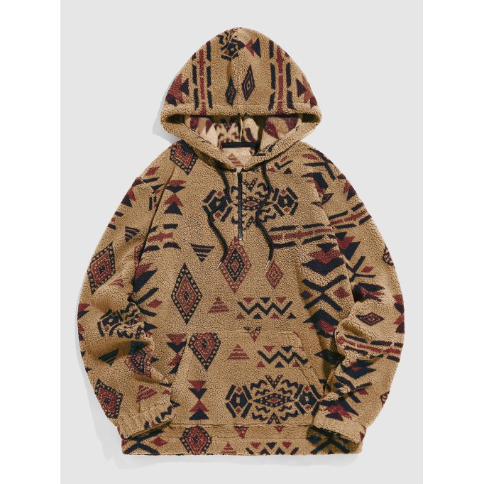 Quarter-zip pocket tribal print hoodie