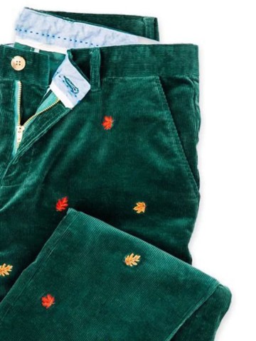 Retro Corduroy Maple Leaf Dark Green Casual Pants