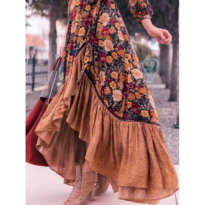 Retro Long Sleeve Printed Long Dress