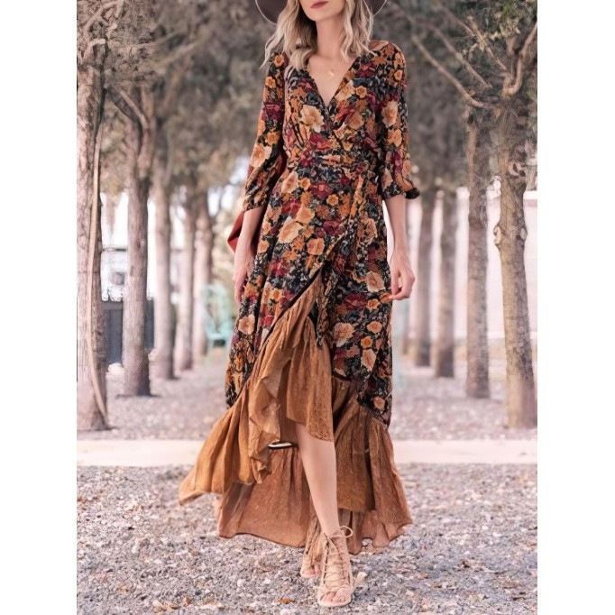 Retro Long Sleeve Printed Long Dress