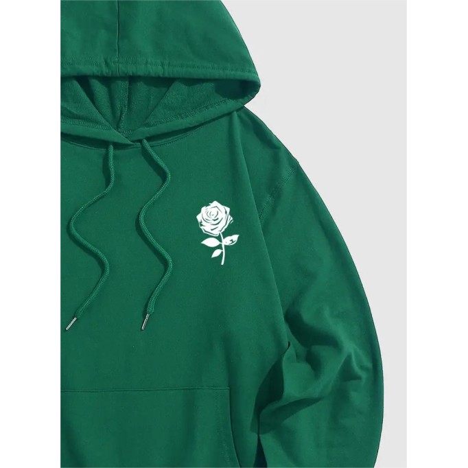 Rose Print Deep Green Cotton Hoodies