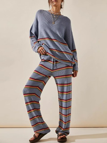 Round neck long sleeved striped sweater and pants two-piece set