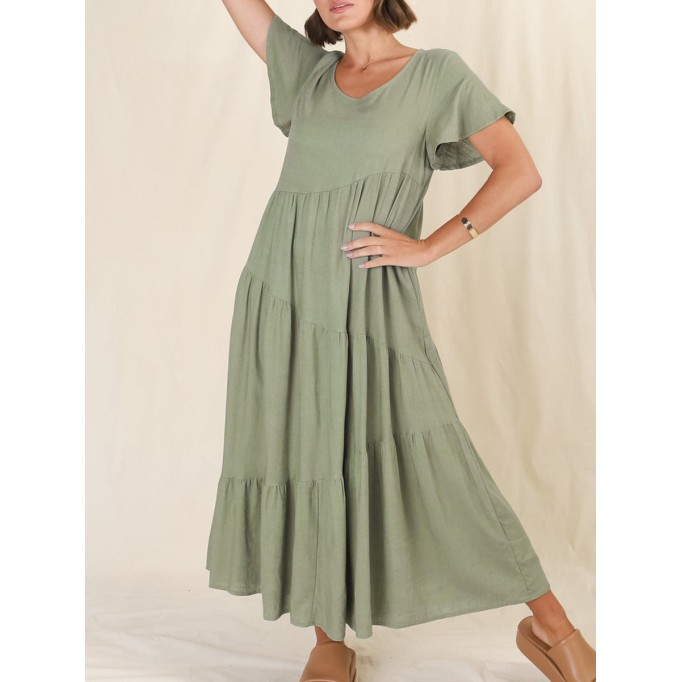 Round neck pullover cotton linen loose dress long skirt