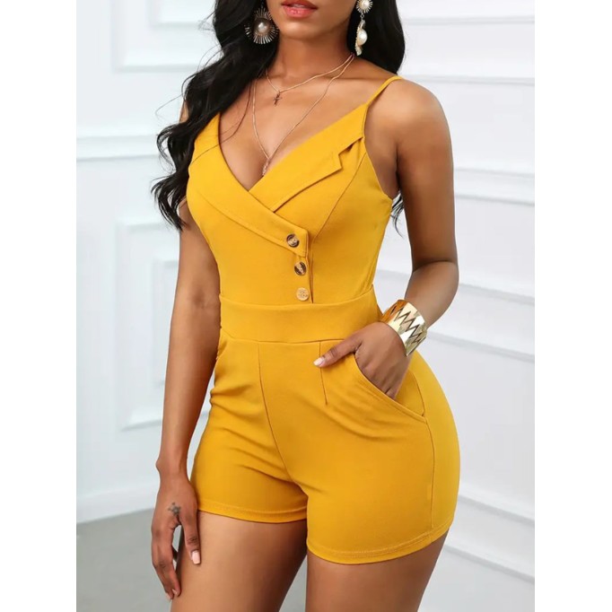 Sexy halter V-neck button-element slim-fit romper