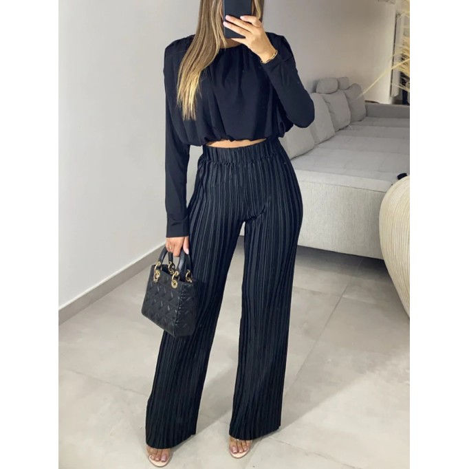 Short long sleeved bottom shirt pleated pants set