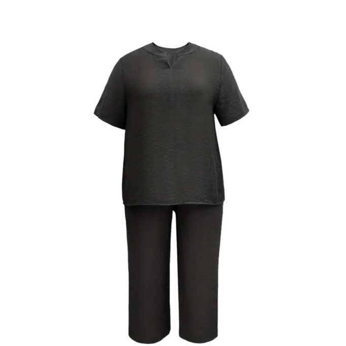 Short sleeve V-neck cotton linen top pant suit