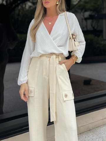 Simple crossed V-neck shirt + trousers 2-piece set