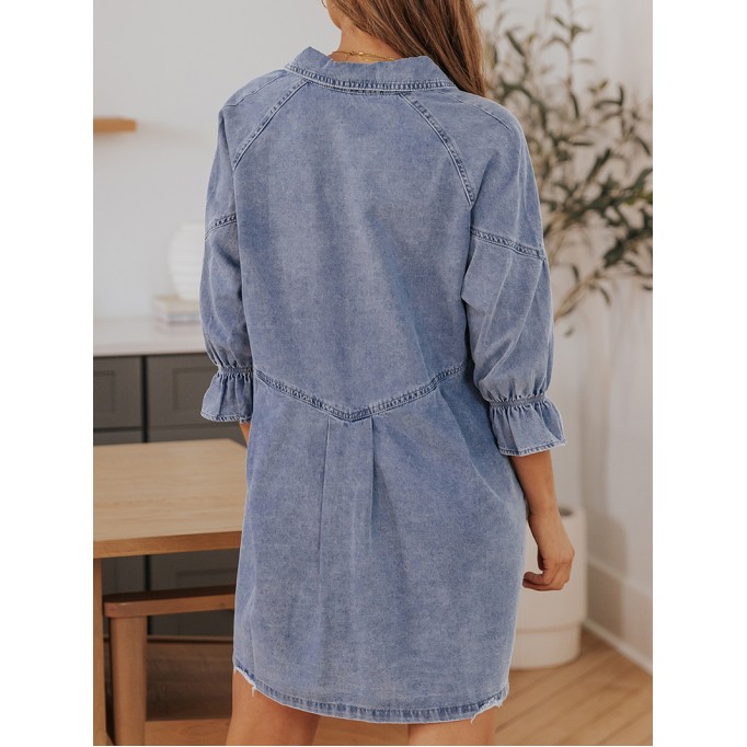 Sky Blue Buttoned Long Sleeve Denim Mini Dress