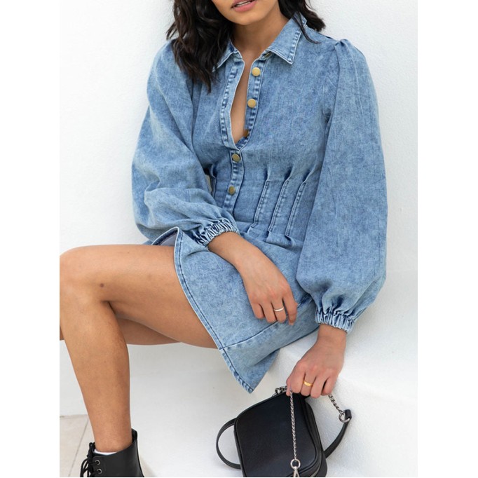 Solid color waistband long sleeved denim skirt