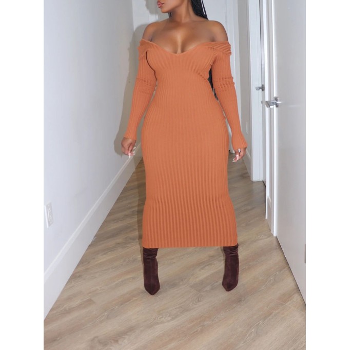 Solid V-neck knitted pit stripe long skirt