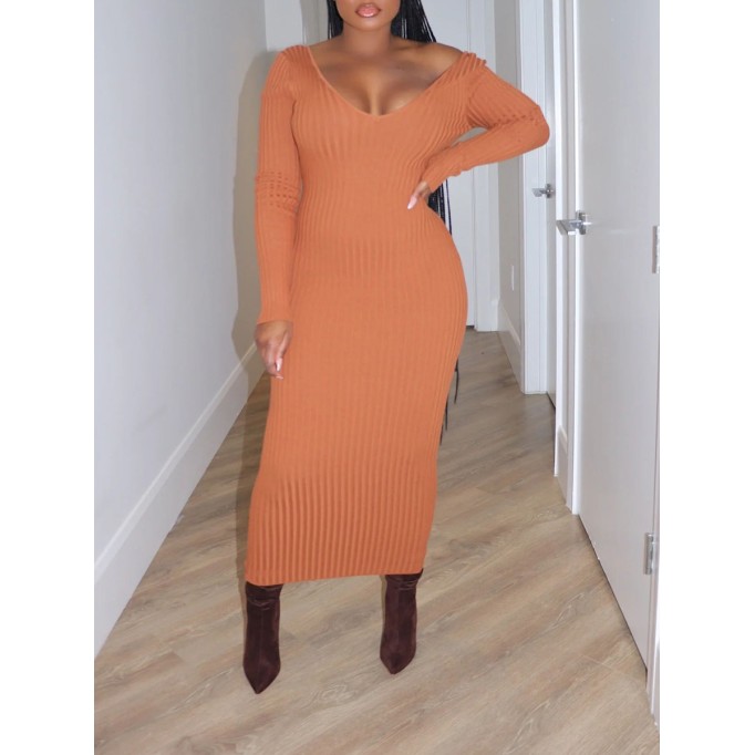 Solid V-neck knitted pit stripe long skirt