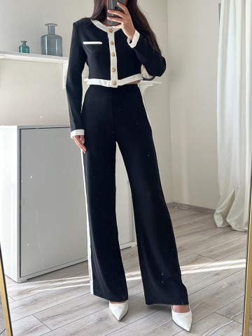 Spliced round neck single breasted top and pants two-piece set