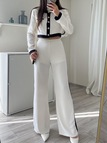 Spliced round neck single breasted top and pants two-piece set