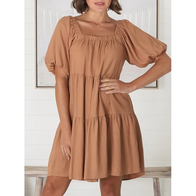 Square-neck puffy sleeves loose A-shape dress