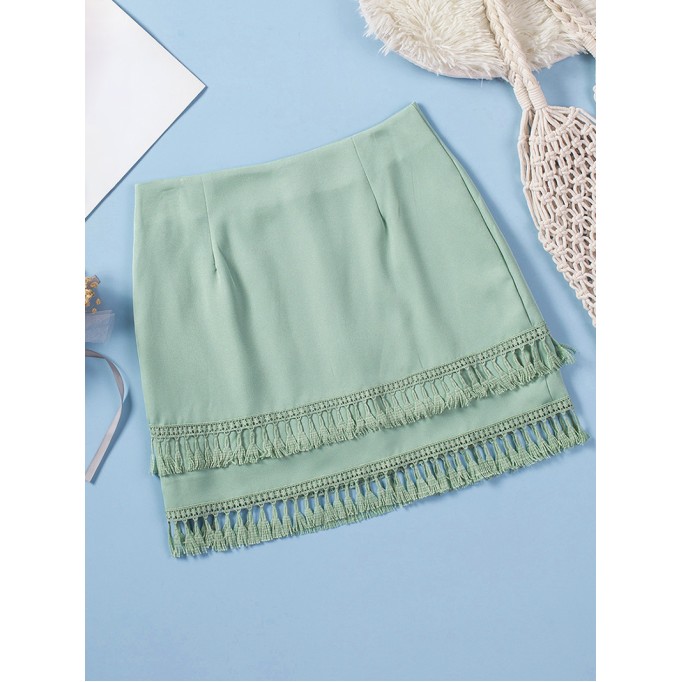 TIERED TASSEL ZIP-UP HIGH WAIST MINI SKIRT