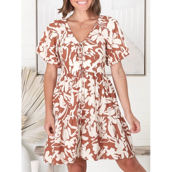 V-neck cross neckline printed waist mini dress