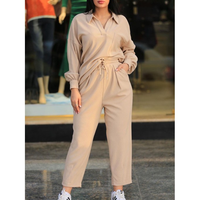 V-neck lapel patch pocket top pants set