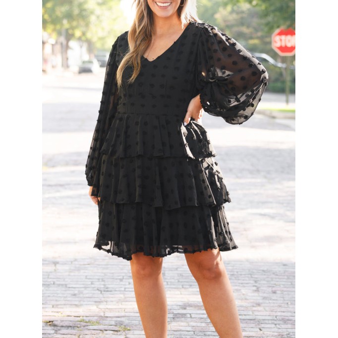 V-neck layered ruffled loose fitting dress