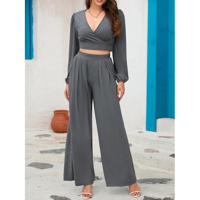 V-neck long sleeved short top wide leg pants set