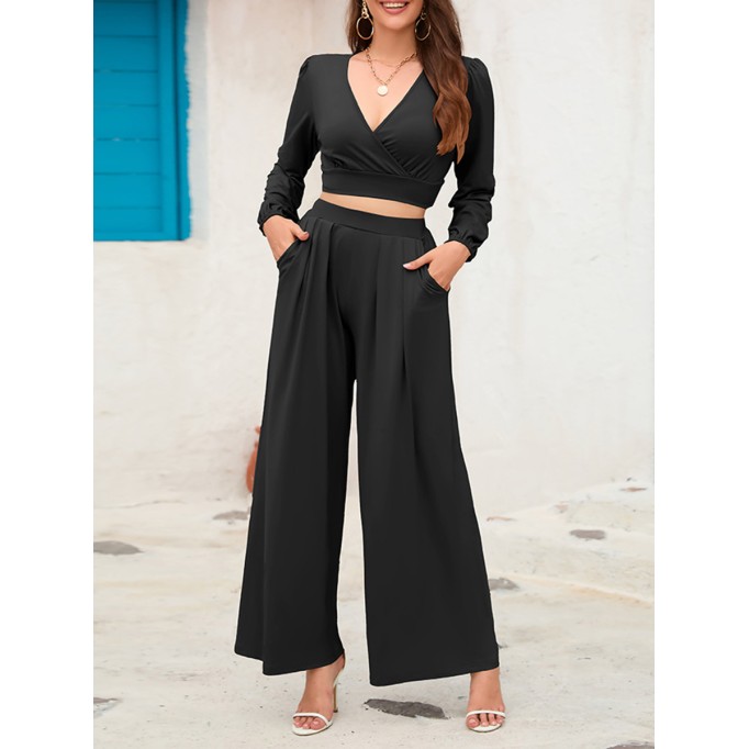 V-neck long sleeved short top wide leg pants set