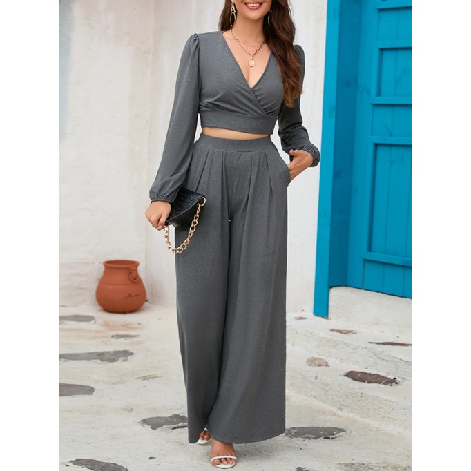 V-neck long sleeved short top wide leg pants set