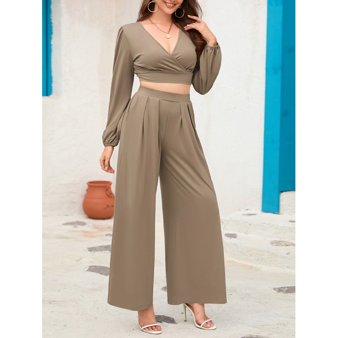 V-neck long sleeved short top wide leg pants set